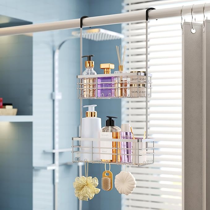 HapiRm Hanging Shower Caddy Organizer - No Drilling Shower Organizer with Hooks, Rustproof & Waterproof 304 Stainless Steel Bathroom Shelves - Silver - Image 8