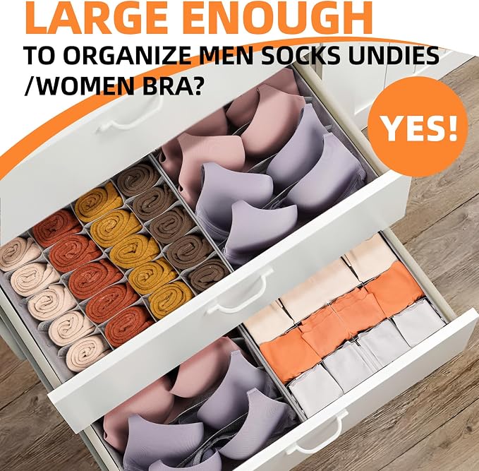 Criusia 6 Pack Large Drawer Organizer for Sock Underwear - Washable Heavy Duty Fabric Closet Organizers and Storage Bins - 90 Cells Dresser Organizer Divider for Baby Clothes, Ties, Belt (Grey) - Image 3