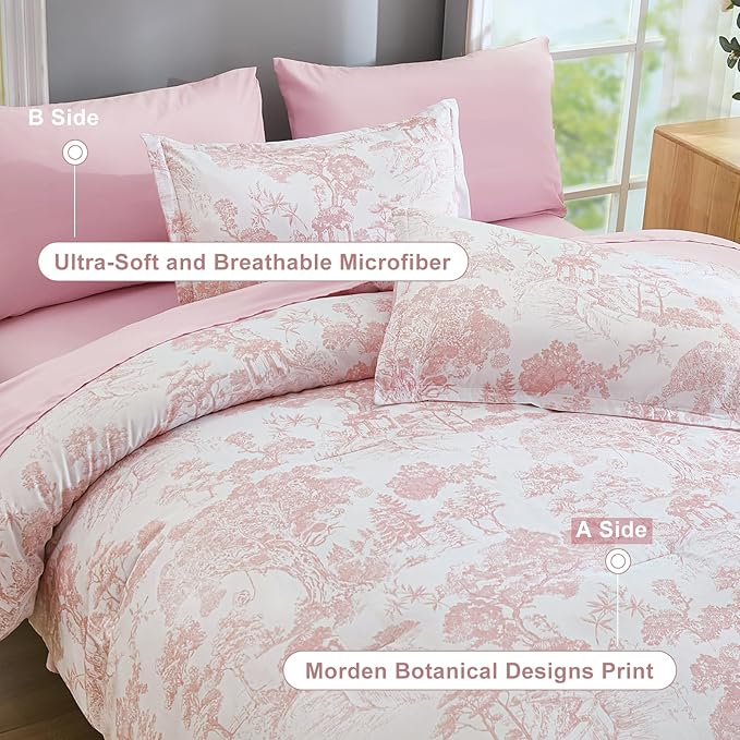 DJY Queen Size Comforter Sets, Pink Botanical Comforters with Sheets 7 Pieces Bed in a Bag Queen Elegant Plants Print Christmas Soft Microfiber Reversible Complete Bedding Sets for All Season