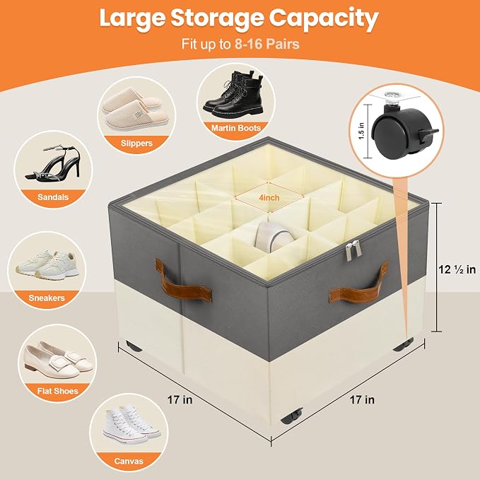 Shoe Organizer for Closet, 2 Pack Shoe Storage Organizer with Wheels and Adjustable Dividers, Stackable Shoe Storage Box with Clear Cover, Closet Shoe Organizer Fits up to 16-32 Pairs, Gray and Beige - Image 2