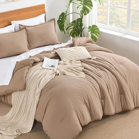 Andency Taupe King Size Comforter Set - 7 Pieces Khaki Tan Bed in a Bag King Bedding Comforter Sets, Summer Solid Soft Lightweight Comforter with Fitted Sheets, Flat Sheets, Pillowcases & Shams