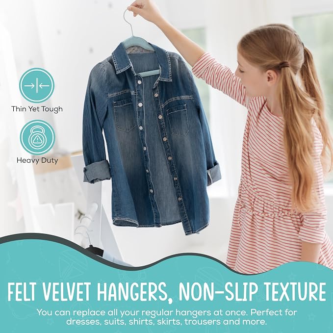 TechZoo 50 Premium Kids Velvet Hangers - 14" Non-Slip Ultra Slim Space-Saving Clothes Hangers with 360° Swivel Hook - Strong & Durable Hangers for Children & Preteens Wardrobe - Blue - Image 3