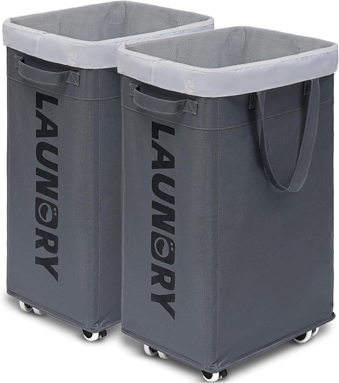 Goodpick Hamper with Wheels, 2-Pack 75L Foldable Laundry Baskets with Removable Wash Bags, Dirty Laundry Basket for Corner Dorm,Grey by Goodpick