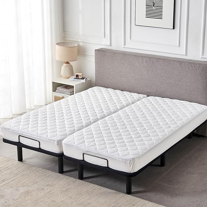 Waterproof Quilted Split Queen Mattress Protector for Adjustable Beds 2X(30x80) Padded Fitted Matress Cover White