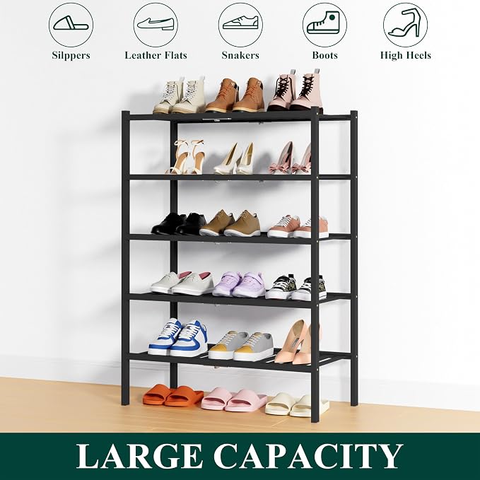 Smiry Shoe Rack, 5 Tier Thick Bamboo Shoe Organizer, Stackable Free Standing Wooden Shoe Storage Shelf for Closet, Entryway, Front Door Entrance, Black - Image 6