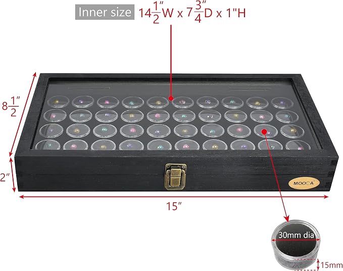MOOCA Glass Top Black Jewelry Display Case Box 50 Gem Jars, Ring Box, Jewelry Organizer, Jewelry storage Black Tray with Gem Jar, 15" W x 8.5" D x 2" H - Image 2