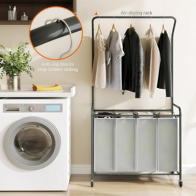 ROMOON Laundry Hamper Sorter Cart: 4 Section Organizer with Hanging Bar and Heavy-duty Lockable Wheels | 180L Rolling Laundry Basket with Clothes Rack in Laundry Room or Small Spaces (Grey) - Image 5