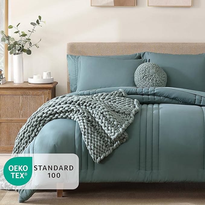 Monbix Super King Size Comforter Set - 7 Pieces Blue Green Bed in a Bag Super King Bedding Sets with Comforters, All Seasons Comforter Bed Set with Sheets,Pillowcases & Shams
