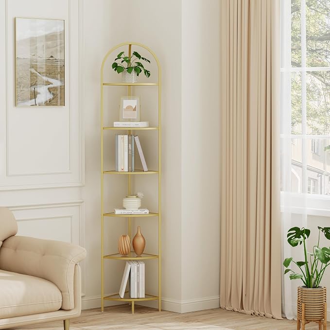 Homhedy 6-Tier Corner Shelf Stand, Metal Corner Bookshelf, Tempered Glass Shelves, Bathroom Storage Rack Shelf, Plant Stand, Modern Style, Golden by Homhedy