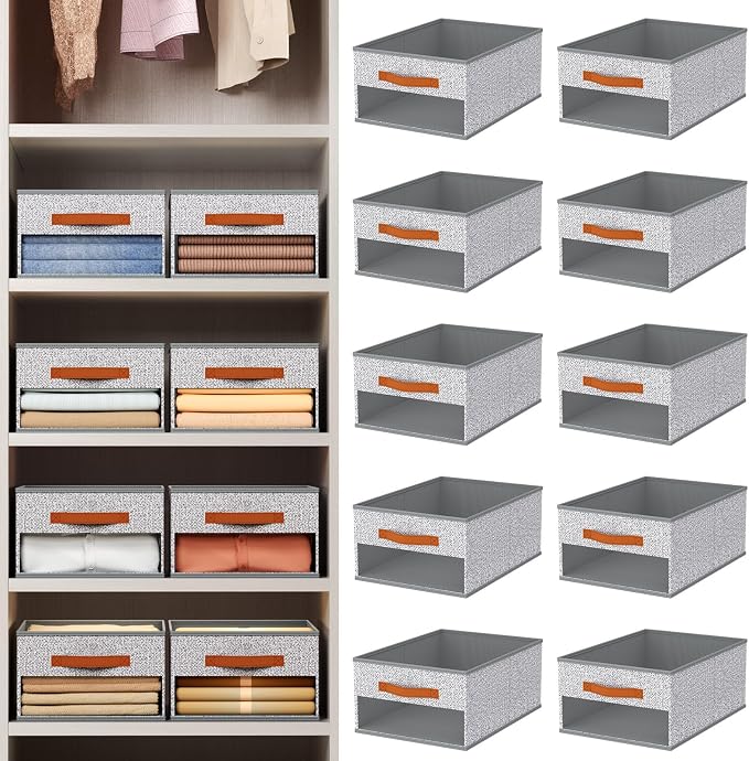 Homsorout Drawer Organizers and Storage - 10 Pack Foldable Pants Organizer with Clear Window & Handles, Fabric Closet Organizer for Clothes, Jeans, Sweaters, Towels, T-shirt, Scarf (Ant Light Gray) - Image 2