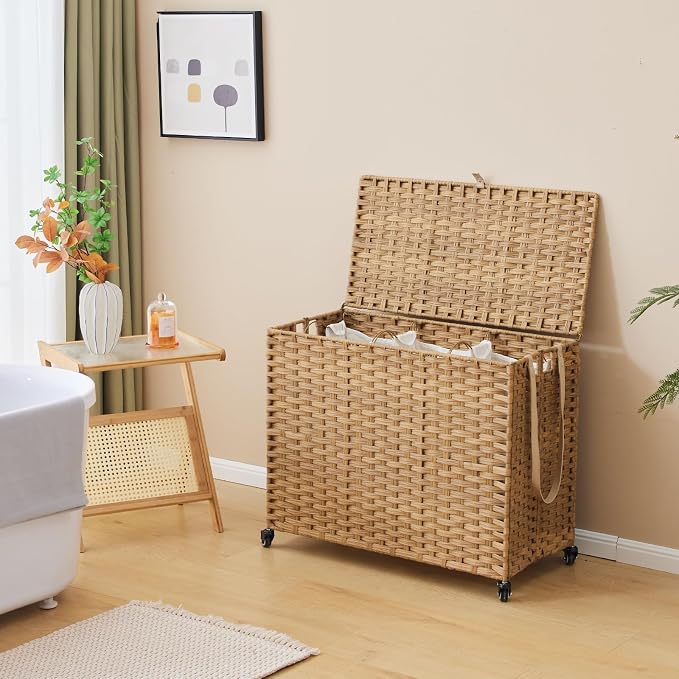 Laundry Hamper with Wheels, 52.8 Gallon(200L) Rolling Laundry Basket with Lid, 3-Section Rattan Clothes Hamper with 3 Removable Liner & 3 Mesh Bags, Laundry Sorter with Side Pocket, Natural - Image 3