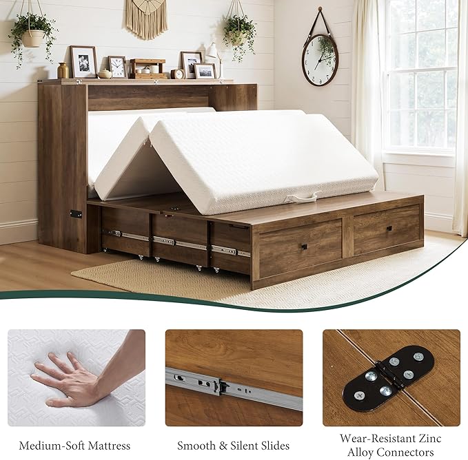 LUXOAK Full Murphy Bed with 6" White Tri-Fold Memory Foam Mattress, Storage Drawer & Charging Station, Space-Saving Design for Home Office or Guest Room, Barnwood