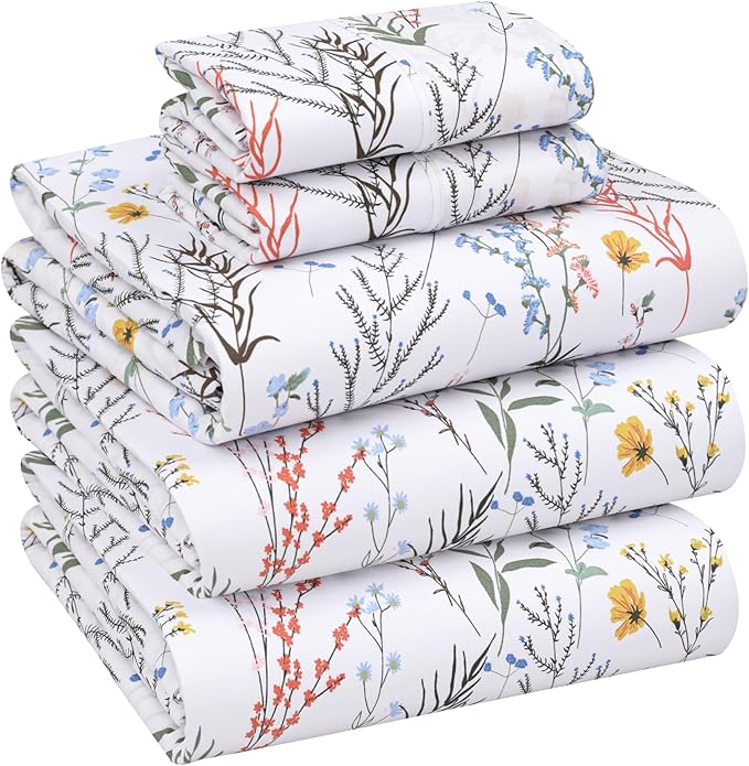 RUVANTI 100% Cotton Sheets – Split King Size Percale Bedding, Cooling & Breathable Floral Design, Durable with a Crisp, Soft & Comfortable Feel, 16" Deep Pocket, 5-Piece Set, Aroma