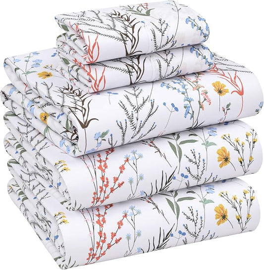 RUVANTI 100% Cotton Sheets – Split King Size Percale Bedding, Cooling & Breathable Floral Design, Durable with a Crisp, Soft & Comfortable Feel, 16" Deep Pocket, 5-Piece Set, Aroma