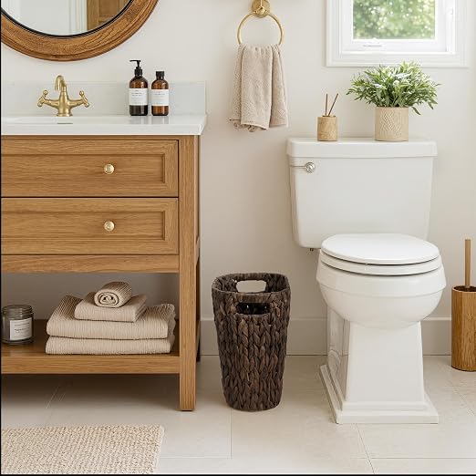 StorageWorks 4.5 Gallon Slim Bathroom Trash Can with Built-in Handles, Decorative Wicker Waste Basket for Bathroom and Bedroom, Office Garbage Cans for Bedroom, Narrow Trash Bin for Decor, Brown - Image 5