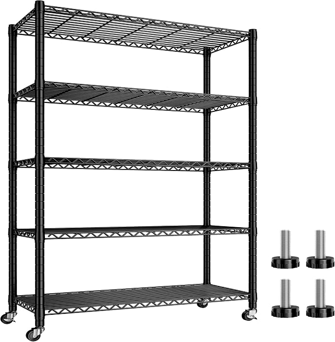 REIBII Storage Shelves Load 1980LBS,5 Tier Metal Shelving Unit with Wheels,Adjustable Wire Shelving Metal Storage Shelves Commercial Shelf for Garage Pantry Kitchen,76''HX36''WX16''D Black by REIBII