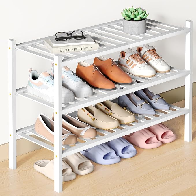 Smiry Bamboo Shoe Rack for Closet, 3 Tier Wooden Stackable Shoe Organizer, Free Standing Shoes Storage Shelf for Entryway, Front Door Entrance, White by Smiry