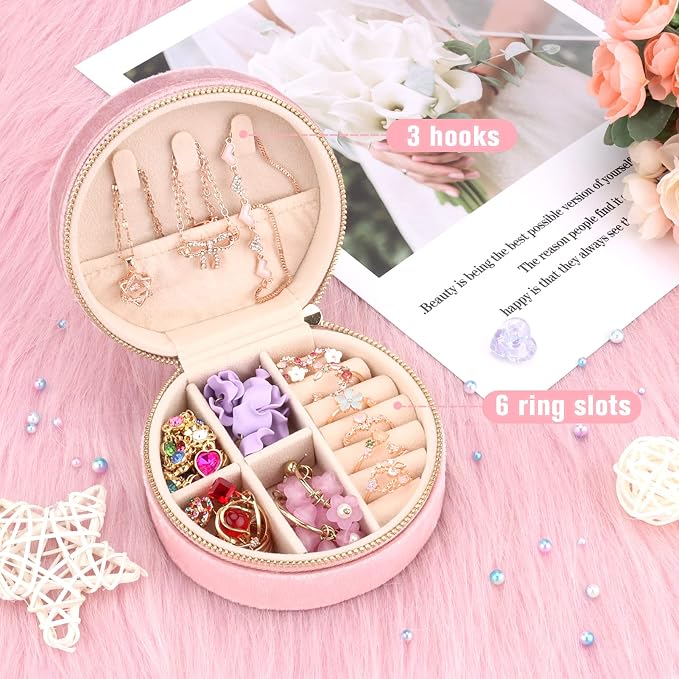 DesignSter Travel Jewelry Box - Velvet Mini Jewelry Organizer, Small Jewelry Case for Girls Women, Jewelry Storage Box for Rings Earrings Necklace (Circular, Lotus Pink) - Image 4