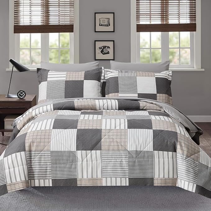 Comforter Set Queen Size Plaid Patchwork Comforter Bedding-7 Piece Bed in a Bag,Soft Fluffy Reversible Microfiber Bedding Set(1 Comforter,1 Flat Sheet,1 Fitted Sheet,2 Pillowcases,2 Pillow Shams),Grey