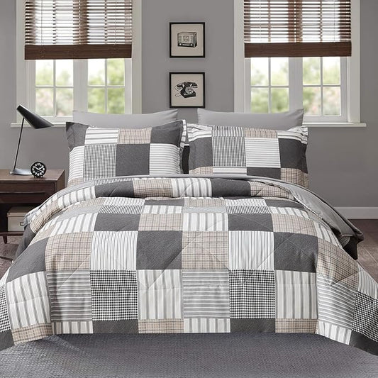 Comforter Set Queen Size Plaid Patchwork Comforter Bedding-7 Piece Bed in a Bag,Soft Fluffy Reversible Microfiber Bedding Set(1 Comforter,1 Flat Sheet,1 Fitted Sheet,2 Pillowcases,2 Pillow Shams),Grey