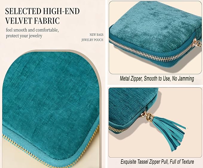 Small Travel Jewelry Organizer Bag Soft Lined Zipper Storage Bag with Tassel Portable Small Jewelry Travel Case for Rings Earrings Necklaces Bracelets, Anti-Scratch Jewelry Holder Pouch for Women Girl - Image 3