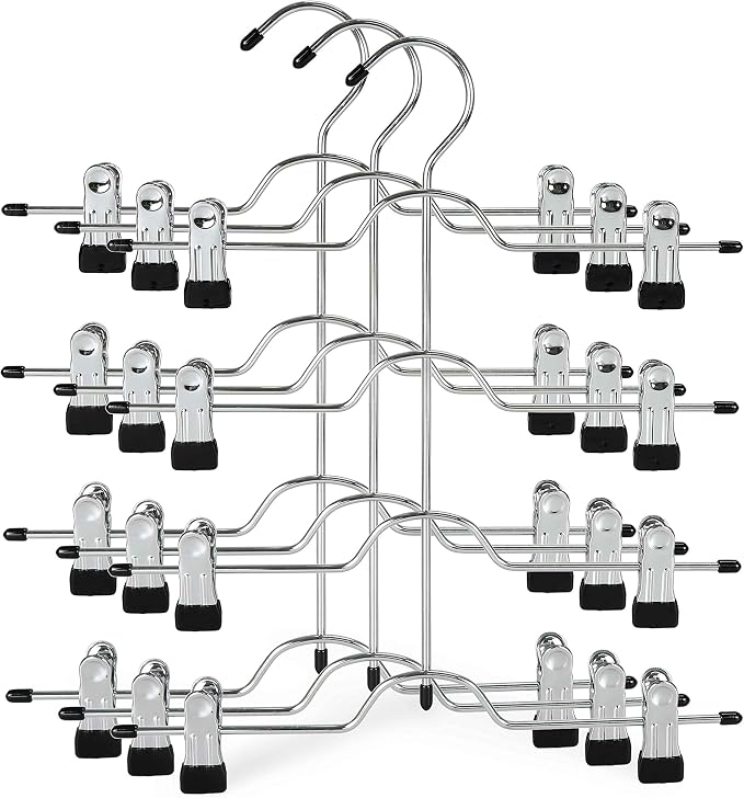 TOPIA HANGER 4 Tier Metal Skirt Hangers for Women, Pants Hanger Space Saving with Adjustable Clips, Gain 70% More Space, Non Slip Grip for Slacks, Trousers, Shorts, Jeans, Towels, Black, 3-Pack, CT24B by TOPIAHANGER