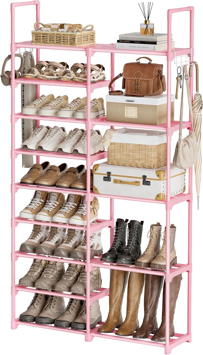 WOWLIVE 9 Tiers Large Shoe Rack White Shoe Rack Organizer for Closet 50-55 Pairs Stackable Heavy Duty Shoe Shelf Shoe Storage with Metal Pipes Plastic Pink by WOWLIVE