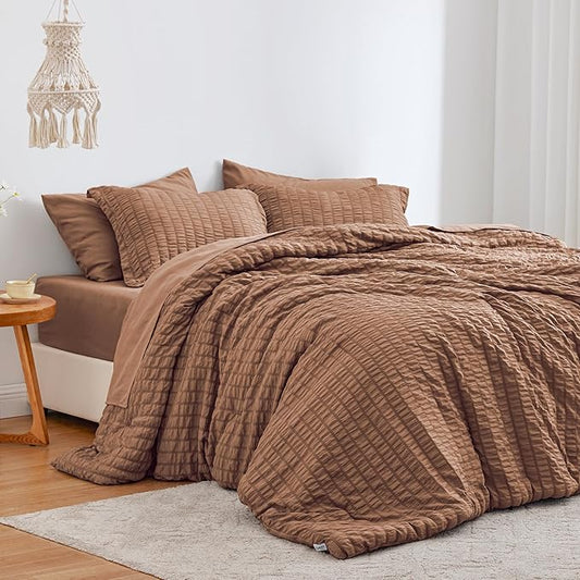 Love's cabin Seersucker Mocha Mousse Twin XL Comforter Set, 5-Piece All Season Lightweight Bed in a Bag Bedding Set with Comforter, Flat Sheet, Fitted Sheet, Pillowcase and Sham | Soft, Breathable, Lightweight