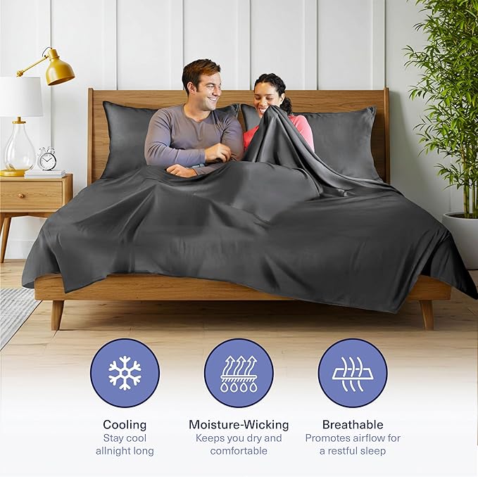 Kickoff Viscose Bamboo Sheets Short Queen Size 4-pc 100% Organic Bamboo Viscose Bed Cooling Sheets Short Queen Size Set Cool Bedding for hot Sleepers Sheet, Flat, Fitted, Pillowcases (Pewter, SQ)