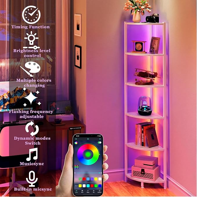 Corner Shelf with LED Lights, 6-Tier Corner Bookshelf, 66'' Organizer Book Shelf Shelves Steel Frame Display Stand with Living Room, Bedroom, Study, White - Image 3