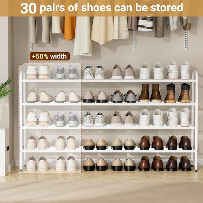 KEETDY 4-Tier Long Shoe Rack for Closet Floor, Wide Shoe Organizer Storage, Stackable Shoe Rack for Entryway Metal Shoe Shelf for 30 Pairs Men Sneakers with Wire Grid for Bedroom, White - Image 3