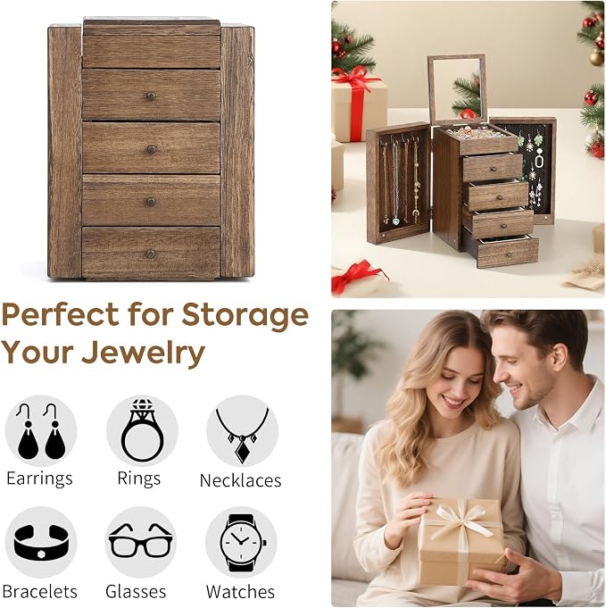 Meangood Jewelry Box Wood for Wowen, 5-Layer Large Organizer Box with Mirror & 4 Drawers for Rings, Earrings, Necklaces, Walnut - Image 7