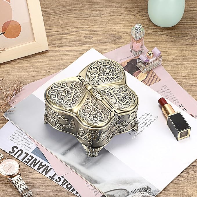 Hipiwe Antique Metal Jewelry Box Butterfly Shape Jewelry Storage Organizer Vintage Trinket Box Treasure Chest for Ring Earrings Necklace Decorative Keepsakes Box, Bronze, Large - Image 2
