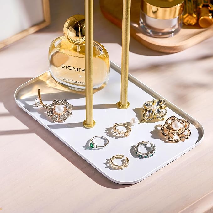 pickpiff Necklace Holder Jewelry Organizer Stand – 2‑Tier T‑Bar Jewelry Display Tree with Tray for Countertop Necklace Bracelet Earring Storage, Vanity Dresser Bathroom Sink, Gold - Image 3
