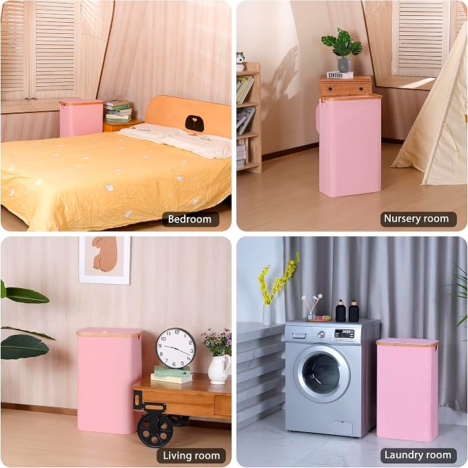 iEGrow 75L Slim Laundry Hamper, Narrow Laundry Basket with Lid,Foldable Clothes Hamper with Bamboo Handles,Hamper Basket with Removable Inner Bag for Laundry Room Bedroom College Dorm,19.8 Gals Pink - Image 7