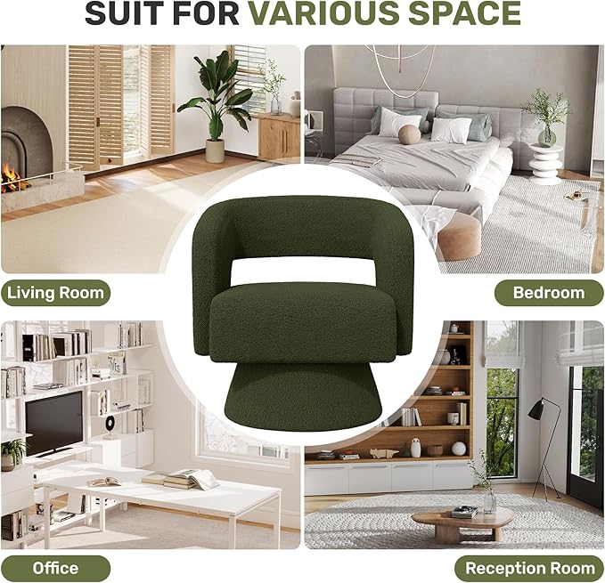 Nebuaegis Swivel Accent Chair, Modern Comfy Teddy Barrel Chairs, Oversized Upholstered Round Arm Chair for Living Room, Bedroom, Reading Room, Green, 1 PCS