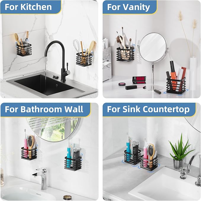 KEGII Set of 2 Wall Mount Toothbrush Holders with Tension Pole Shower Caddy, Rustproof Bathroom Organizer with Soap Holder & Hooks, 4 Adjustable Shower Shelves for Renters, 25-114.2 inch Black - Image 2