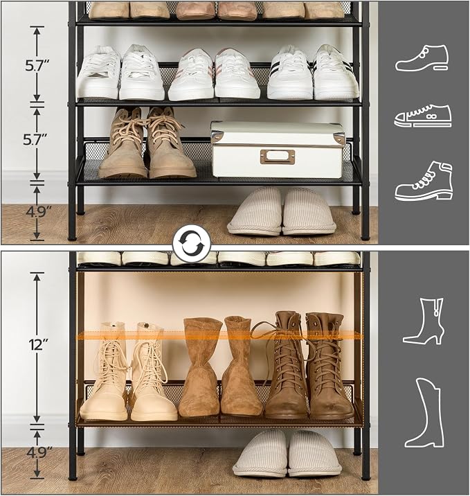 HOOBRO Shoe Rack for Entryway, 5-Tier Shoe Organizer with Adjustable Mesh Shelves, 16-20 Pairs of Shoes, Spacious Floor Mount, Metal, Industrial, Shoe Shelf for Closet, Greige BG12XJ01 - Image 5