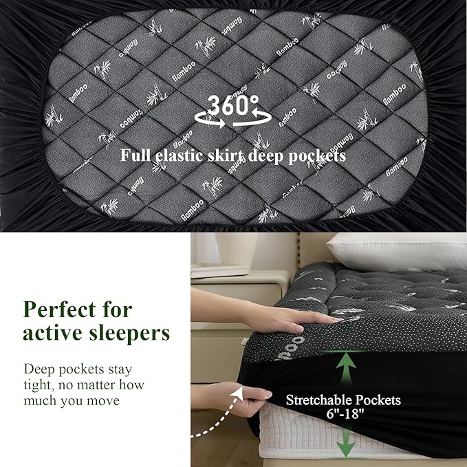 Queen Mattress Topper, Viscose Derived from Bamboo Thick Pillow Top Mattress Pad with Deep Pocket, Naturally Cooling for Hot Sleepers, Soft for Back Pain Relief, Premium Dark Grey