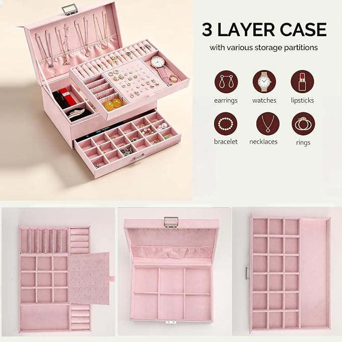 Jewelry Organizer Box for Women Girls, Jewelry Box 3-Tier Jewelry Display Case and Organizer,Lockable Jewelry Display Case Anti Tarnish,Varying Compartments for Necklaces, Bracelets, Rings - Image 3