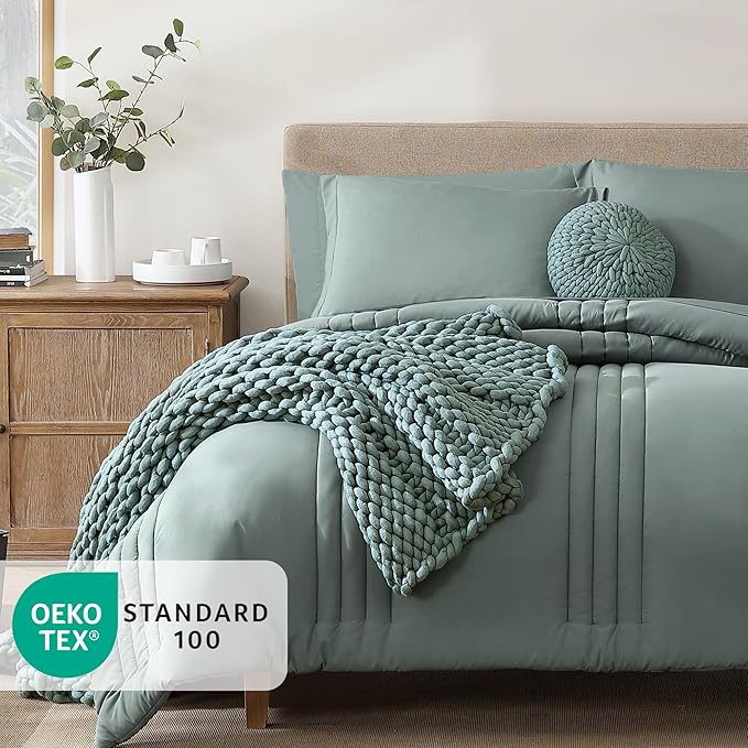 Monbix Super King Plus Size Comforter Set - 7 Pieces Sage Green Bed in a Bag Super King Plus Bedding Sets with Comforters, All Seasons Comforter Bed Set with Sheets,Pillowcases & Shams