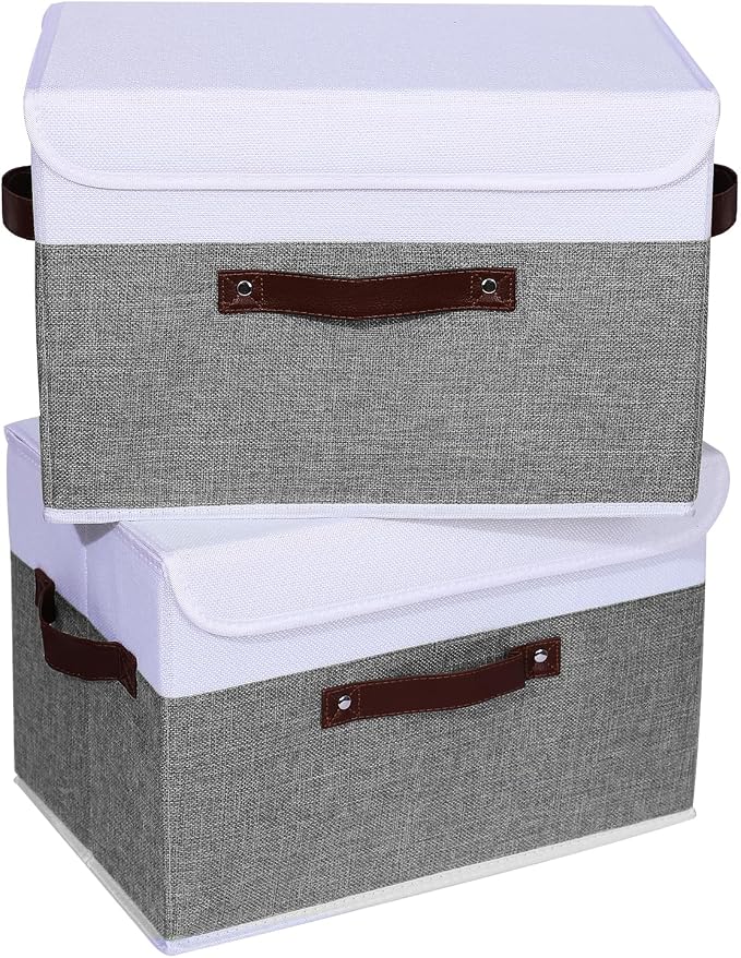 ANMINY 4PCS Storage Boxes with Lid Washable Decorative Storage Bins Basket with PU Leather Handle Foldable Linen Fabric Storage Cubes Containers for Home Closet Organizer - Gray White, Large Size - Image 8