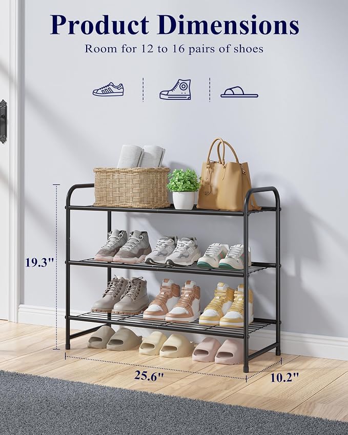 Kitsure Shoe Rack - Stainless Steel Shoe Organizer, Sturdy Shoe Rack for Closet and Front Door Entrance, Free Standing Shoe Shelf, Closet Organizers and Storage, 25.6" Wide - 3 Tier, Black - Image 3