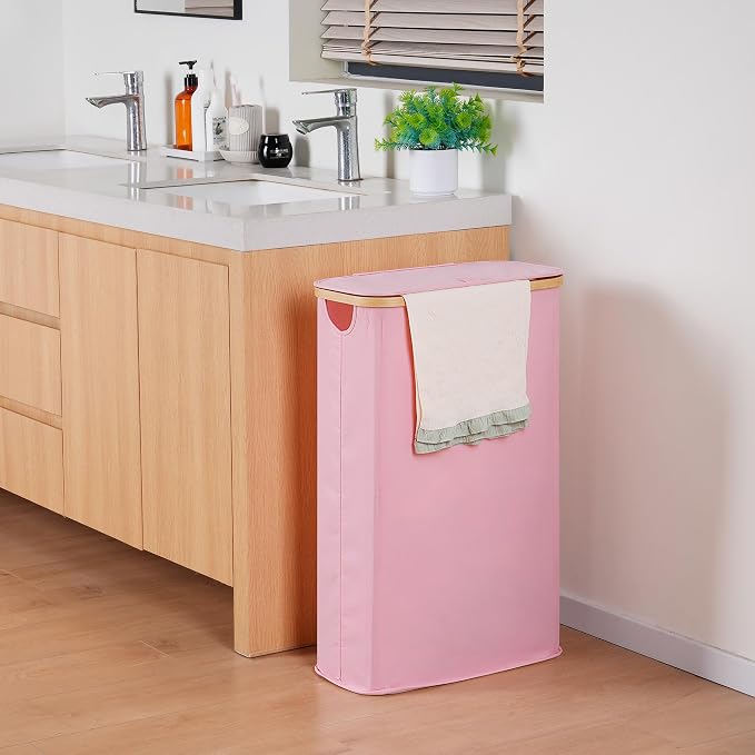 efluky Slim Laundry Basket with Lid, Narrow Laundry Hamper with Removable Bag, Skinny Dirty Clothes Basket with Bamboo Handles for Bathroom, Bedroom & Laundry Room, 63L Pink - Image 2