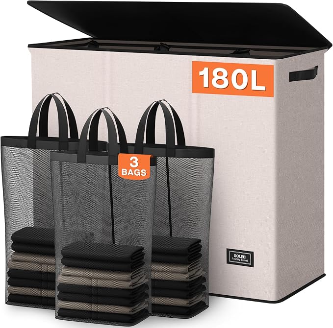 SOLEDI 180L 3-Section Laundry Hamper with Lid, Extra Large Dirty Clothes Basket with Sturdy Handles for Laundry Room & Bedroom - Durable Organizer for Sorting Laundry by SOLEDI