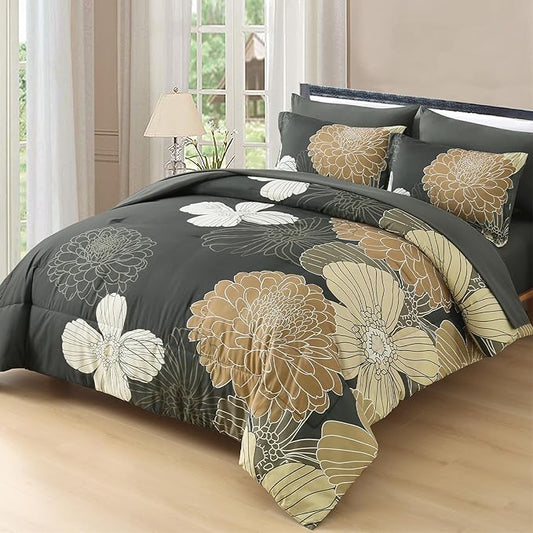 Yiran King Khaki Grey Brown Boho Comforter Set - 7 Pieces Floral Bedding Sets,Bed in a Bag Soft Microfiber Comforter with Flat Sheet Fitted Sheet Pillowshams Pillowcases