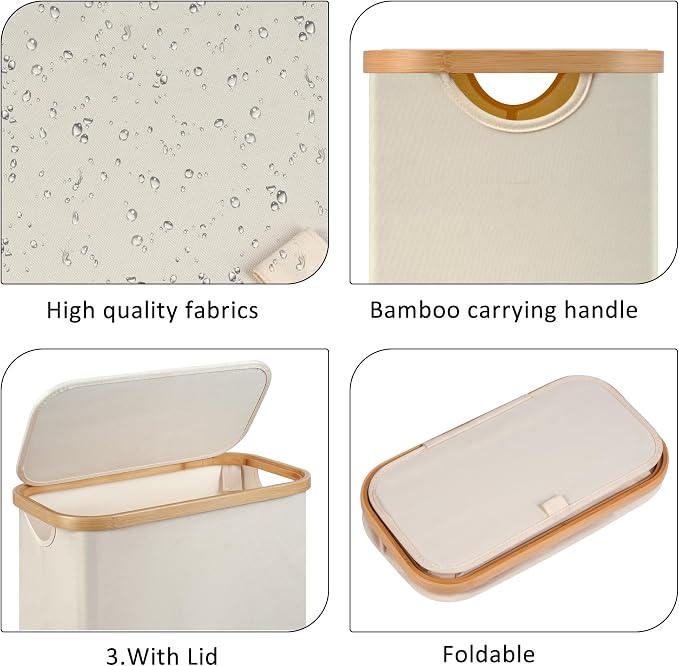Slim Laundry Hamper,Narrow laundry Hamper with Lid,60L Hamper for Laundry,Dirty Cloth Hamper with Bamboo Handle for Toys,Towels, Clothes Organizing,Beige - Image 2