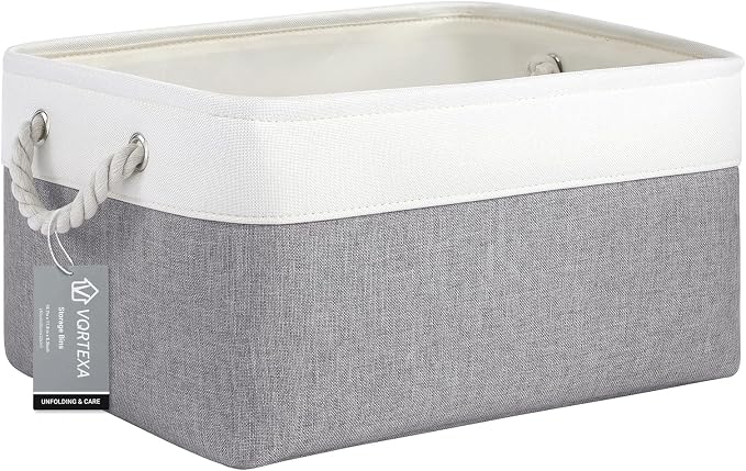 Large Storage Baskets- 15.7x11.8x8.26 inch Storage Bins for Shelves and Closet Organizing, Foldable Fabric Bin for Home Organization Clothes and Laundry (1-Pack, White&Gray) by VQRTEXAStorageBasket