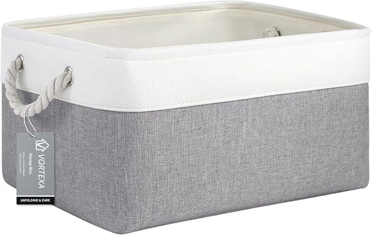 Large Storage Baskets- 15.7x11.8x8.26 inch Storage Bins for Shelves and Closet Organizing, Foldable Fabric Bin for Home Organization Clothes and Laundry (1-Pack, White&Gray) by VQRTEXAStorageBasket