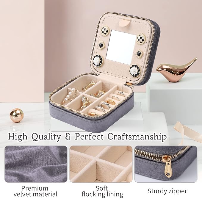 Dajasan Velvet Travel Jewelry Box, Mini Travel Jewelry Case, Small Portable Travel Jewelry Organizer Box with Mirror for Earrings Bracelets Rings Necklace (Grey) - Image 5